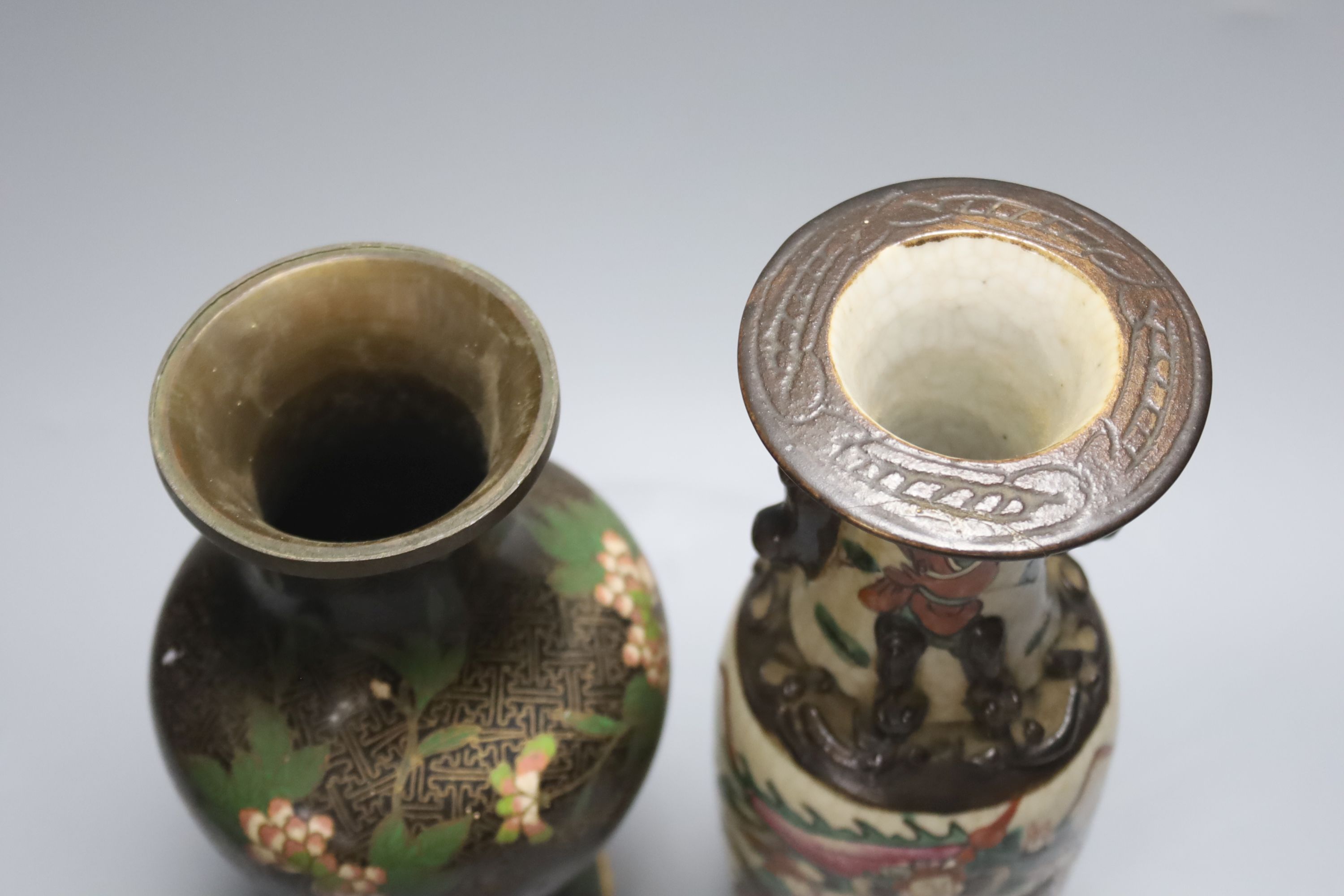 A Chinese crackle glaze tripod censer, a similar vase, a cloisonne vase and a two handled jar and cover, height 26cm